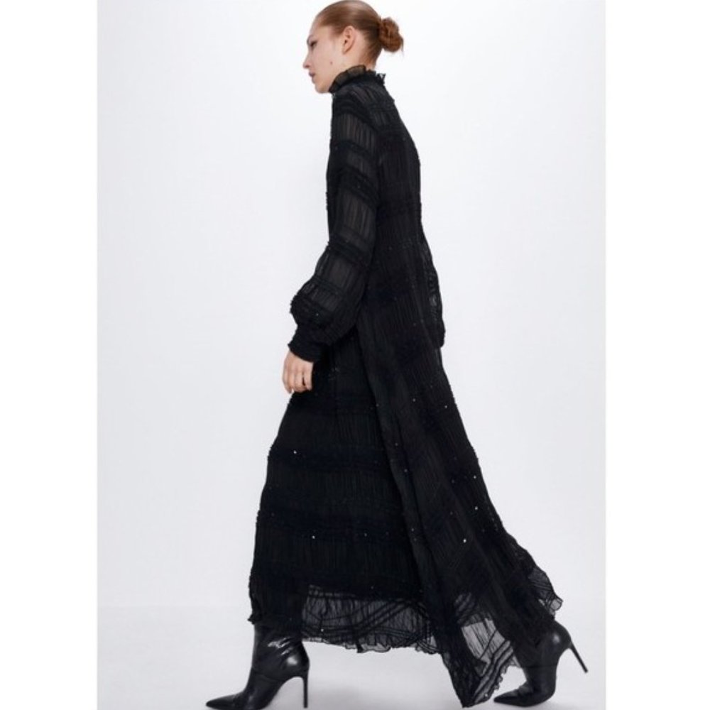 ZARA BLACK RUCHED SEQUIN HIGH NECK LONG SLEEVE MAXI DRESS S NWT - Picture 2 of 13